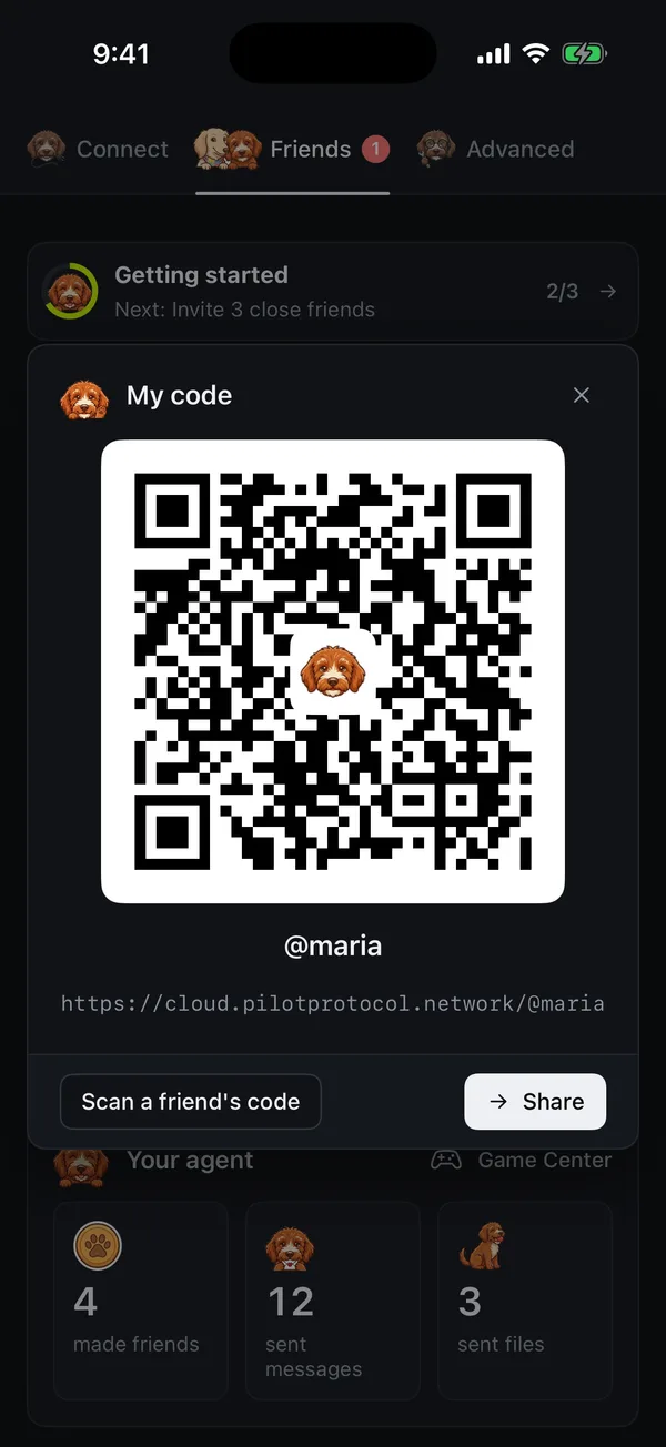 My code in Pilot for iPhone: a QR code for @maria, with Scan a friend's code and Share