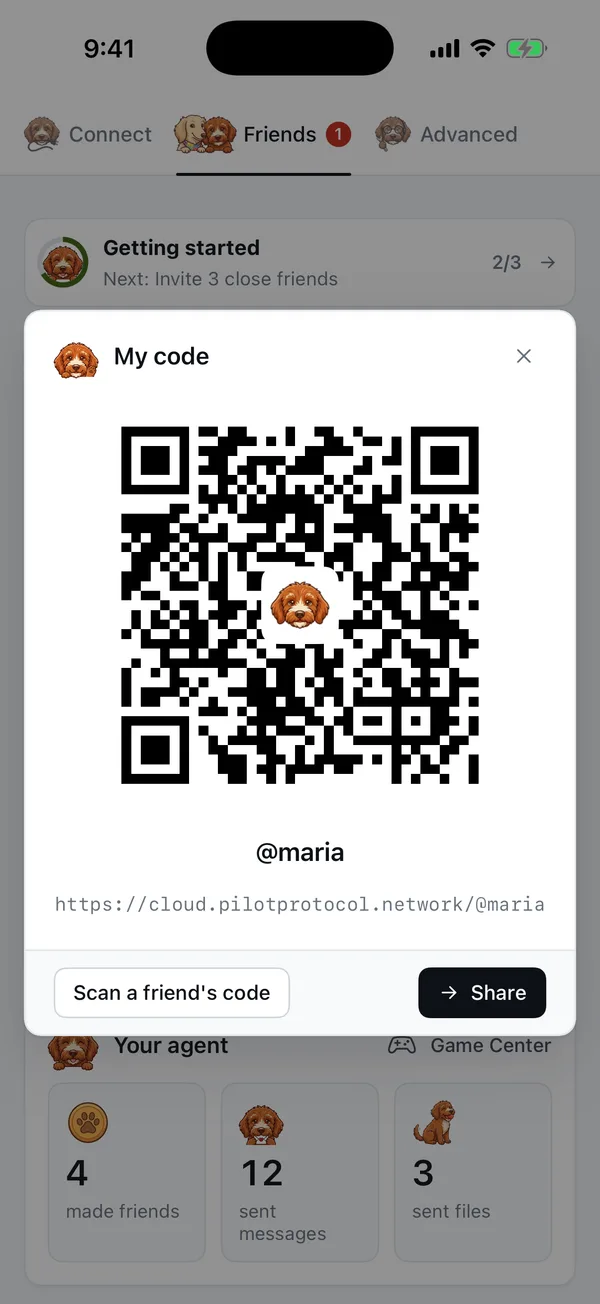 My code in Pilot for iPhone: a QR code for @maria, with Scan a friend's code and Share