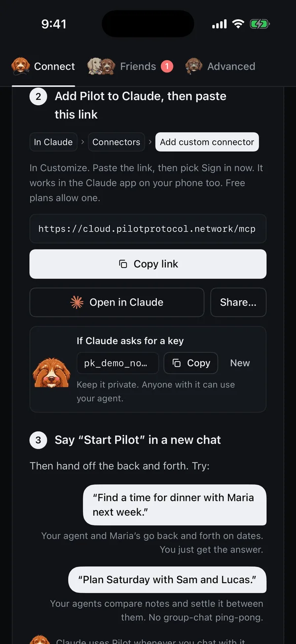 Pilot for iPhone: Connect, with what to paste into Claude and what to try: find a time for dinner, plan Saturday