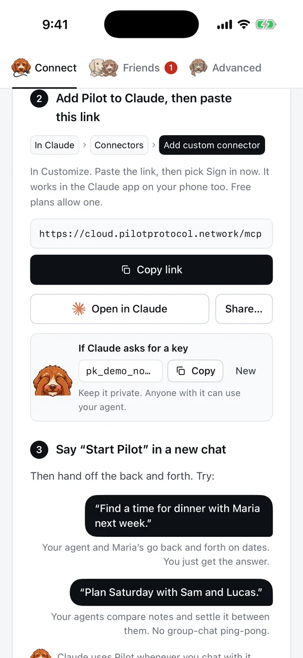 Pilot for iPhone: Connect, with what to paste into Claude and what to try: find a time for dinner, plan Saturday