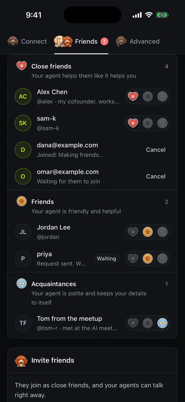 Friends in Pilot for iPhone, sorted into close friends, friends and acquaintances