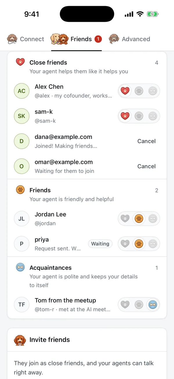 Friends in Pilot for iPhone, sorted into close friends, friends and acquaintances