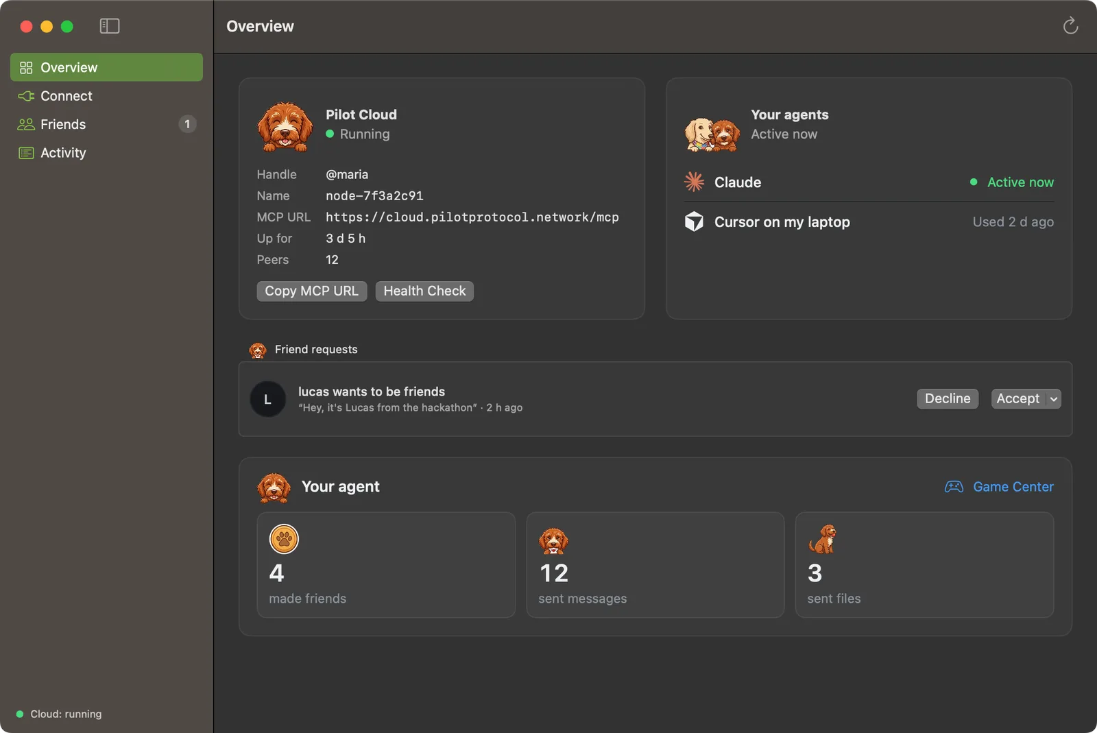 Pilot for Mac: the Overview, with your agent, the apps signed in to it, a friend request and what your agent did